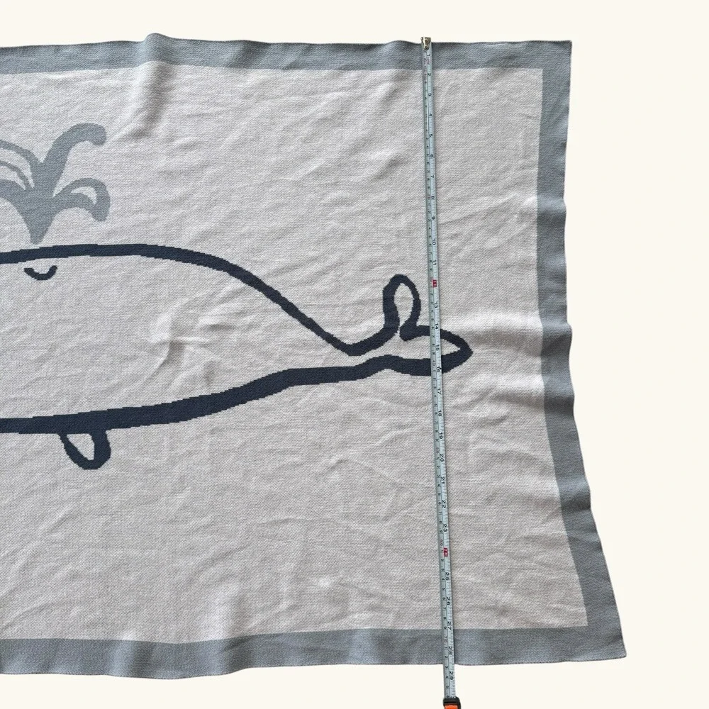 Nordstrom Whale Baby Blanket Blue‎ Gray Cotton Knit Nautical One Size 37.5x28.5